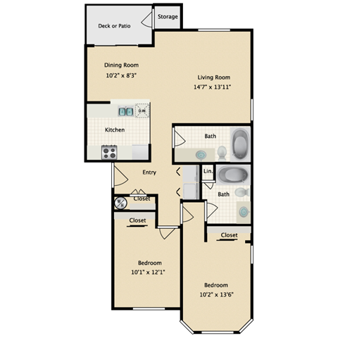 Floor plan for 2 beds, 2 baths, 959 sqft
